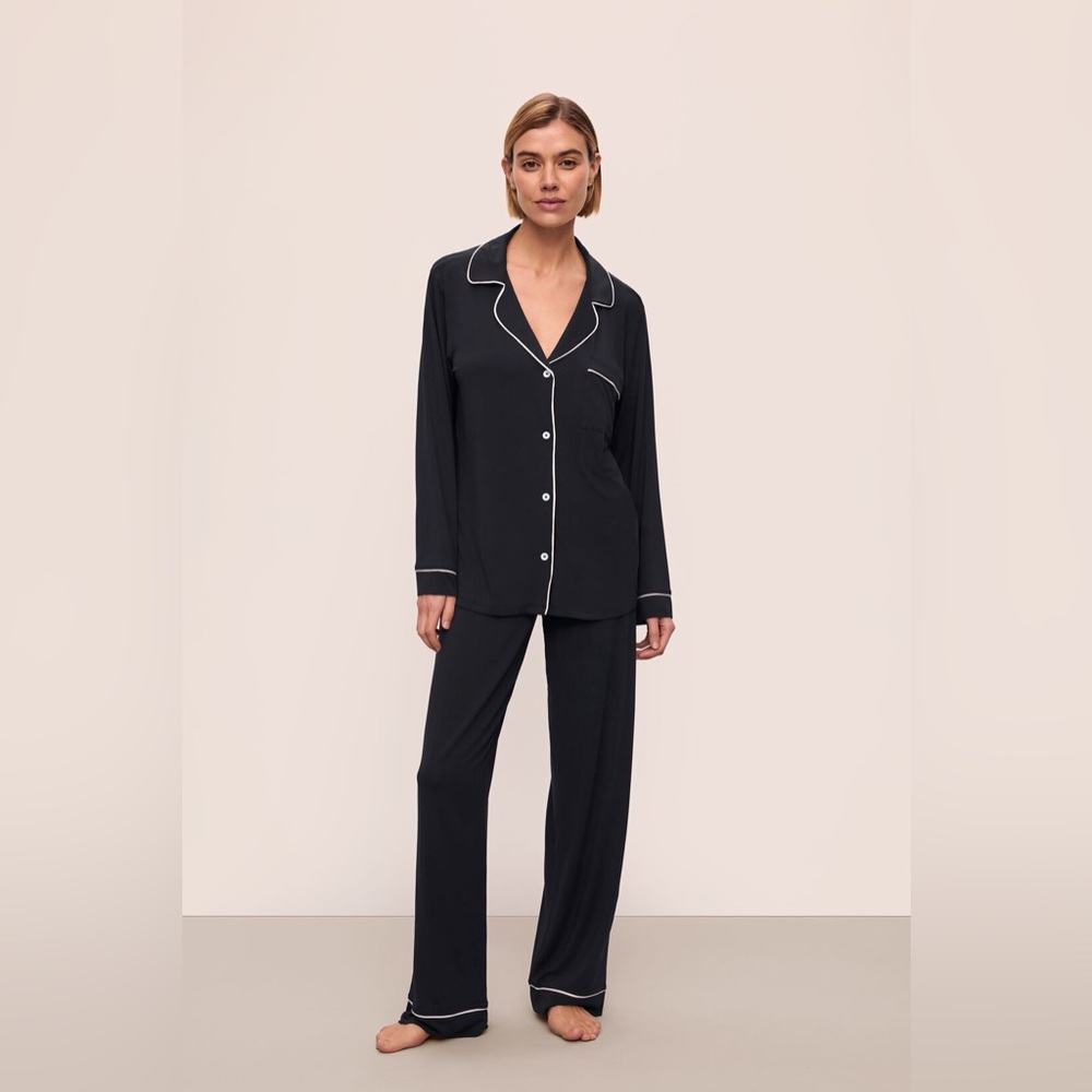 eberjey Gisele Modal PJ, black and white contrast, long sleeve pant set, runs sm